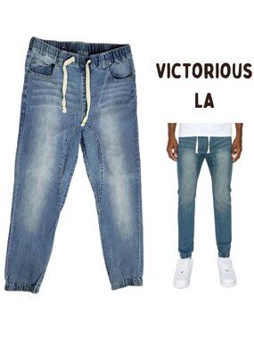 VICTORIOUS LA Elastic Waist Denim Blue Jean Jogger Pants - Men's Size M